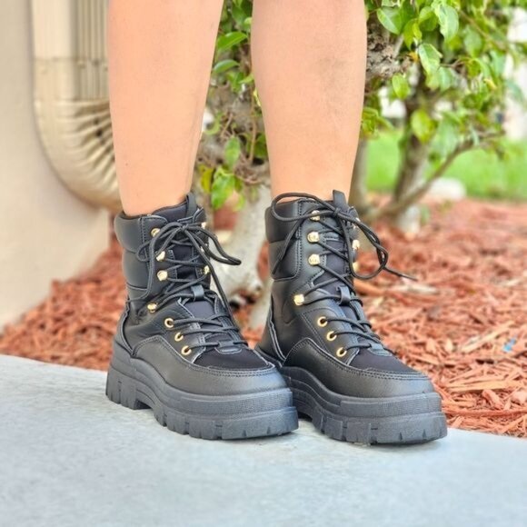 Women's Black Chunky Block High Heel Ankle Combat Booties - Picture 5 of 6